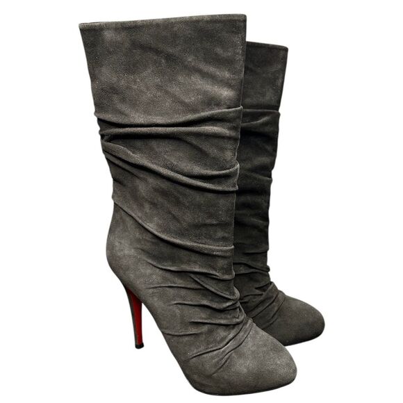 Christian Louboutin Gray Suede Slouch Boots Red Sole Stiletto Heel Size 37.5 - Picture 1 of 6